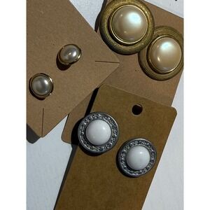 Vintage Pearl Button Earrings Set Gold Tone & Silver Tone Stud Lot